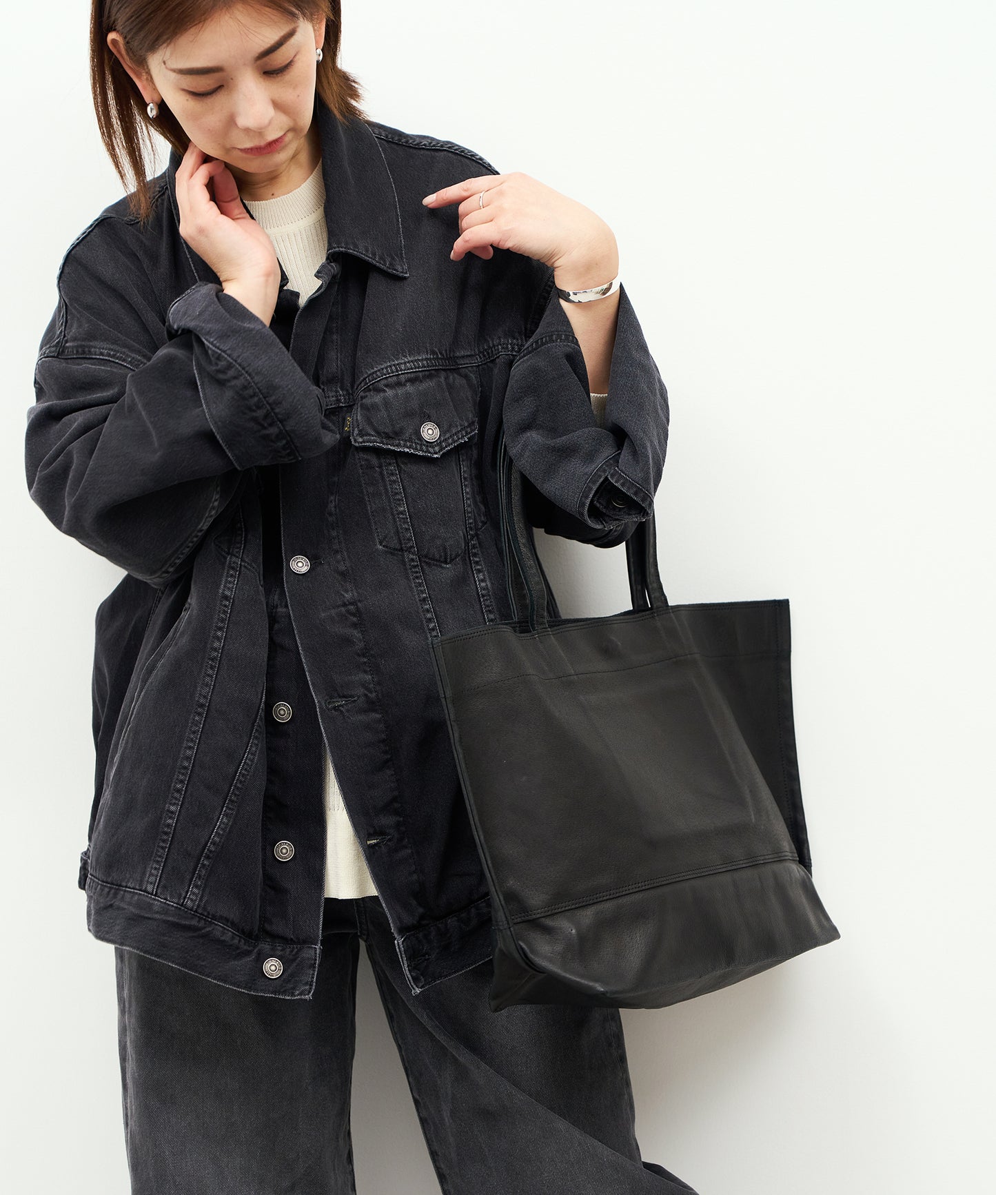 #30/ ワイドトートL(black)/ ピッグスキン・ハリー