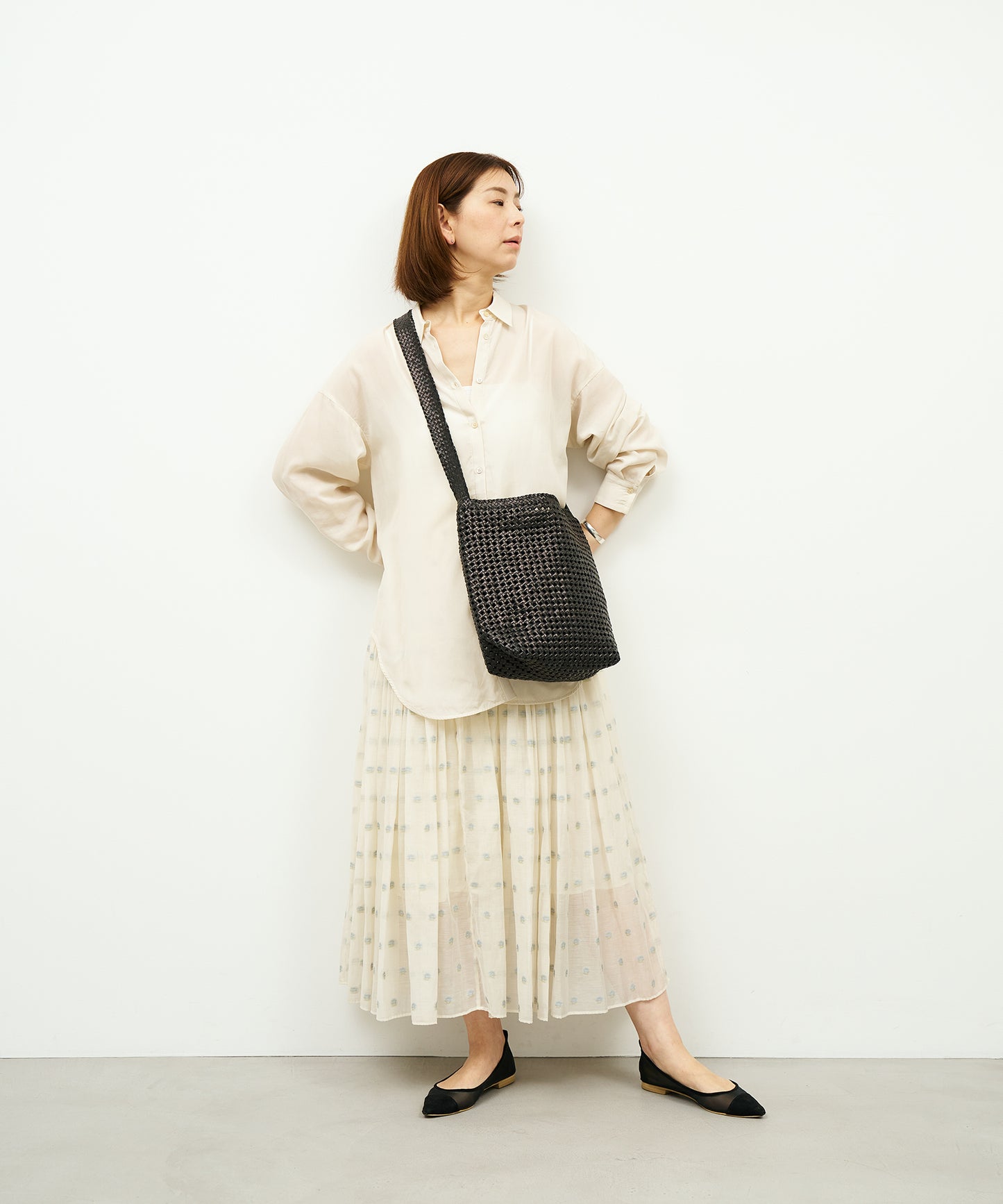 【26SS】#16/ ボックスショルダー（black）/ やぎ革・ゴートメッシュ