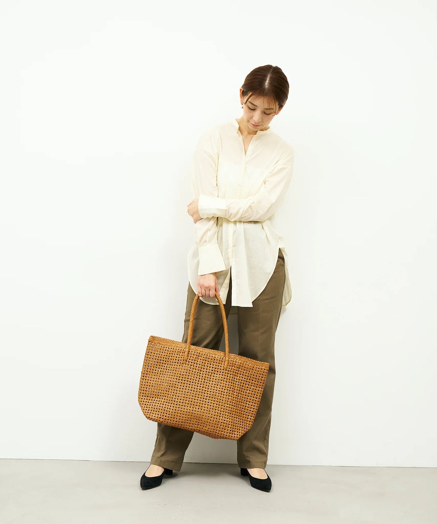 #16/ バスケットL（camel）/ やぎ革・ゴートメッシュ - REN