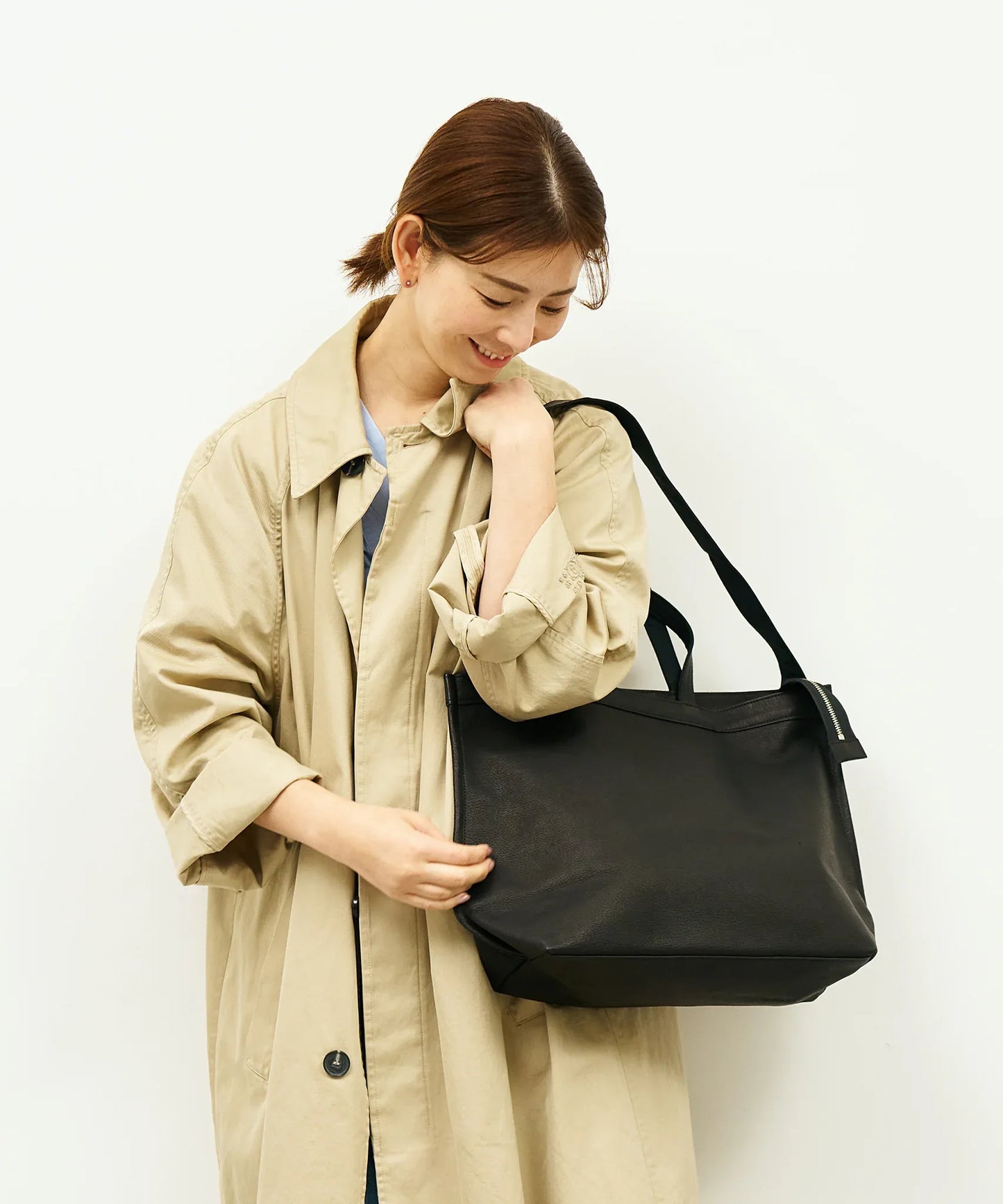 #30/ ベーシックジップトートM 2way （black）/ ピッグスキン・ハリー