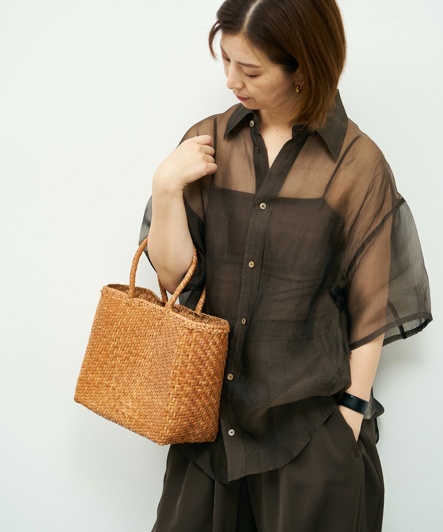 #57/ メルカドトート M（vintage tan）/ 牛革・バッファローメッシュ